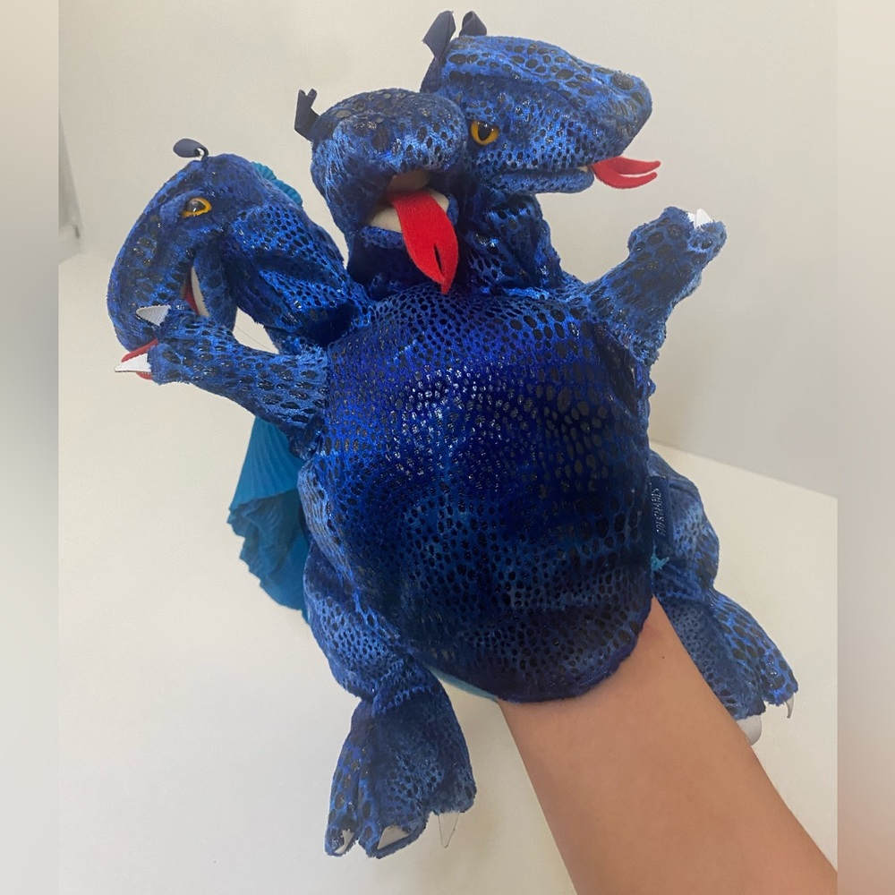 Folkmanis 3 Headed Dragon Hand Puppet 5 Finger Blue 15” Fairy Tale Role